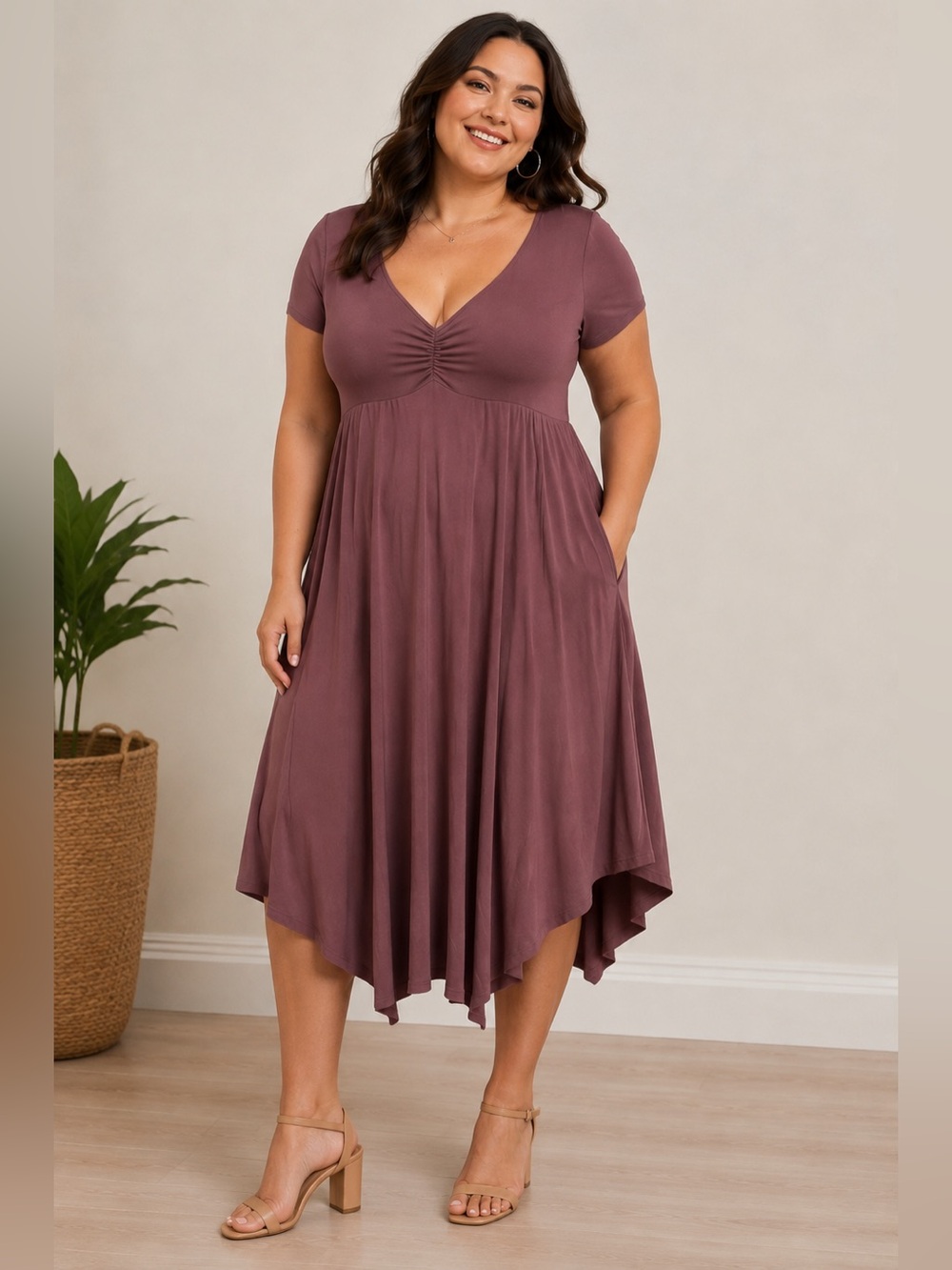 Torrid Ruched V Neck Maxi Dress Plus Size 1 Mauve Purple Short Sleeve Pockets